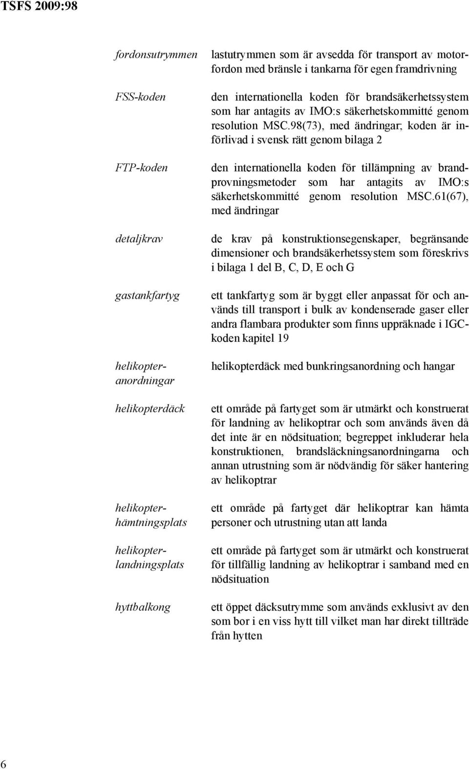 98(73), med ändringar; koden är införlivad i svensk rätt genom bilaga 2 den internationella koden för tillämpning av brandprovningsmetoder som har antagits av IMO:s säkerhetskommitté genom resolution
