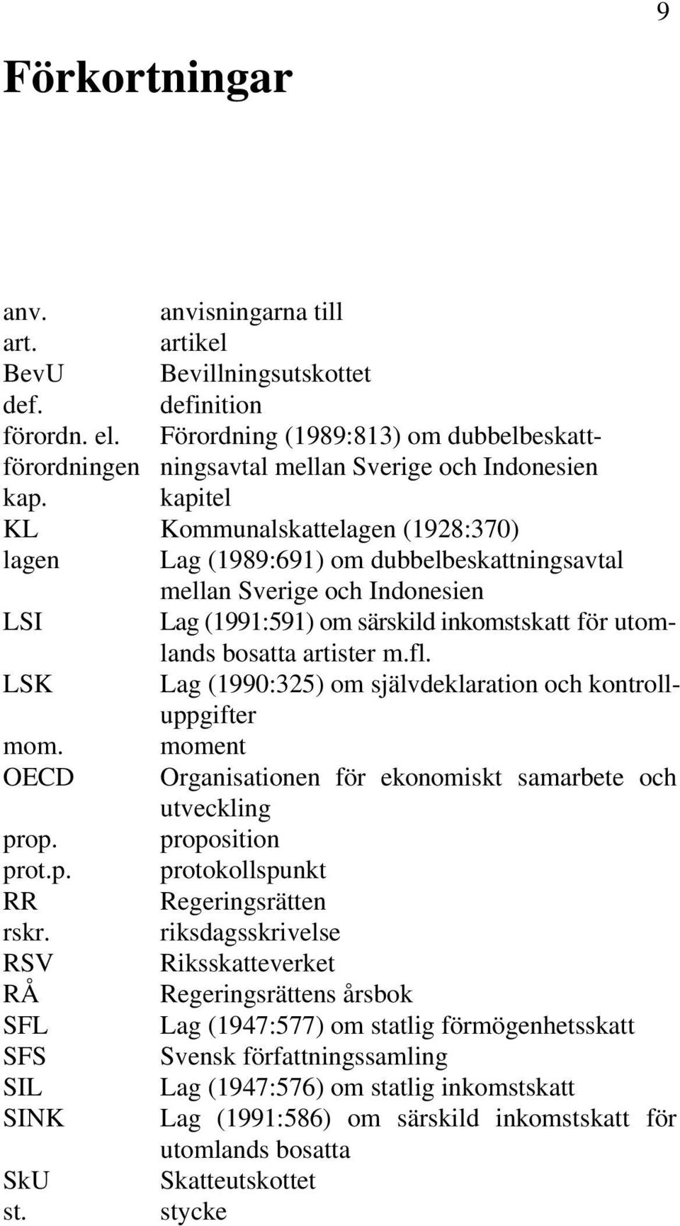 kapitel KL Kommunalskattelagen (1928:370) lagen Lag (1989:691) om dubbelbeskattningsavtal mellan Sverige och Indonesien LSI Lag (1991:591) om särskild inkomstskatt för utomlands bosatta artister m.fl.