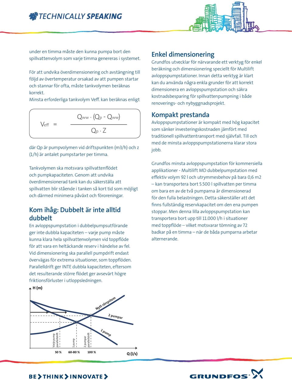 Minsta erforderliga tankvolym Veff. kan beräknas enligt där Qp är pumpvolymen vid driftspunkten (m3/h) och z (1/h) är antalet pumpstarter per timma.