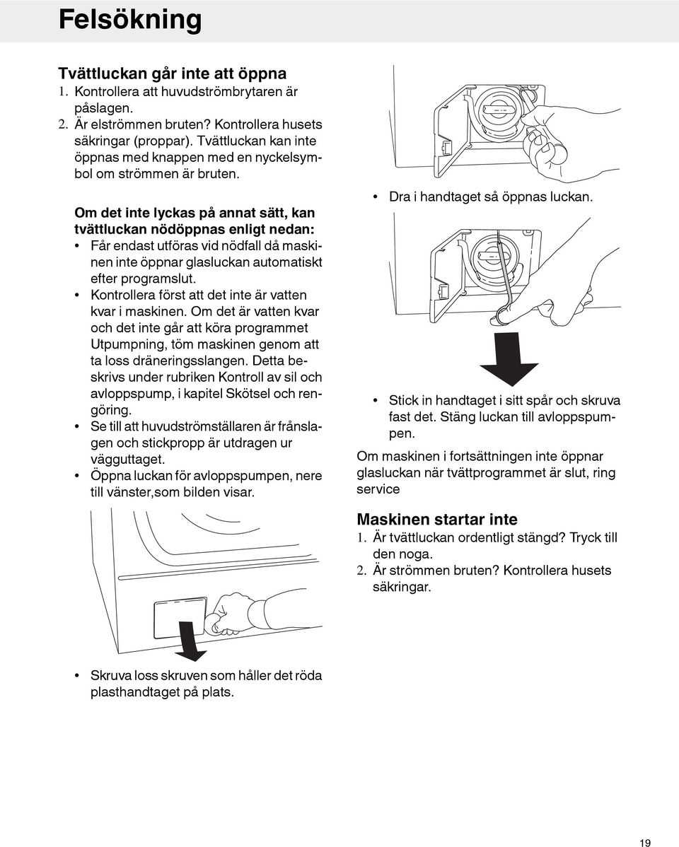 Om det inte lyckas på annat sätt, kan tvättluckan nödöppnas enligt nedan: Får endast utföras vid nödfall då maskinen inte öppnar glasluckan automatiskt efter programslut.