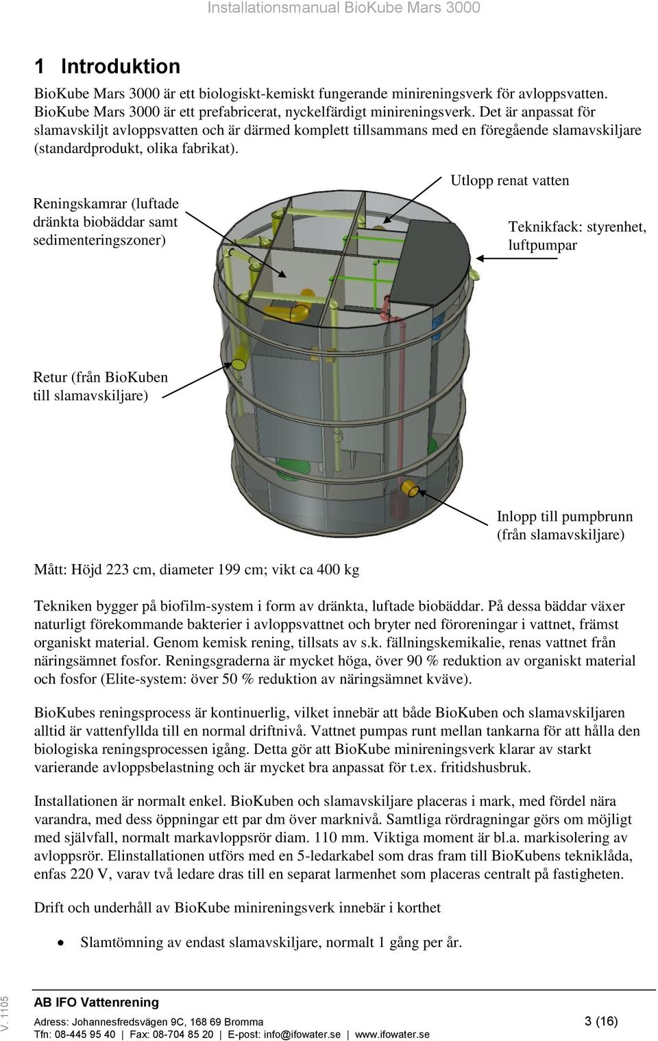 Reningskamrar (luftade dränkta biobäddar samt sedimenteringszoner) Utlopp renat vatten Teknikfack: styrenhet, luftpumpar Retur (från BioKuben till slamavskiljare) Inlopp till pumpbrunn (från