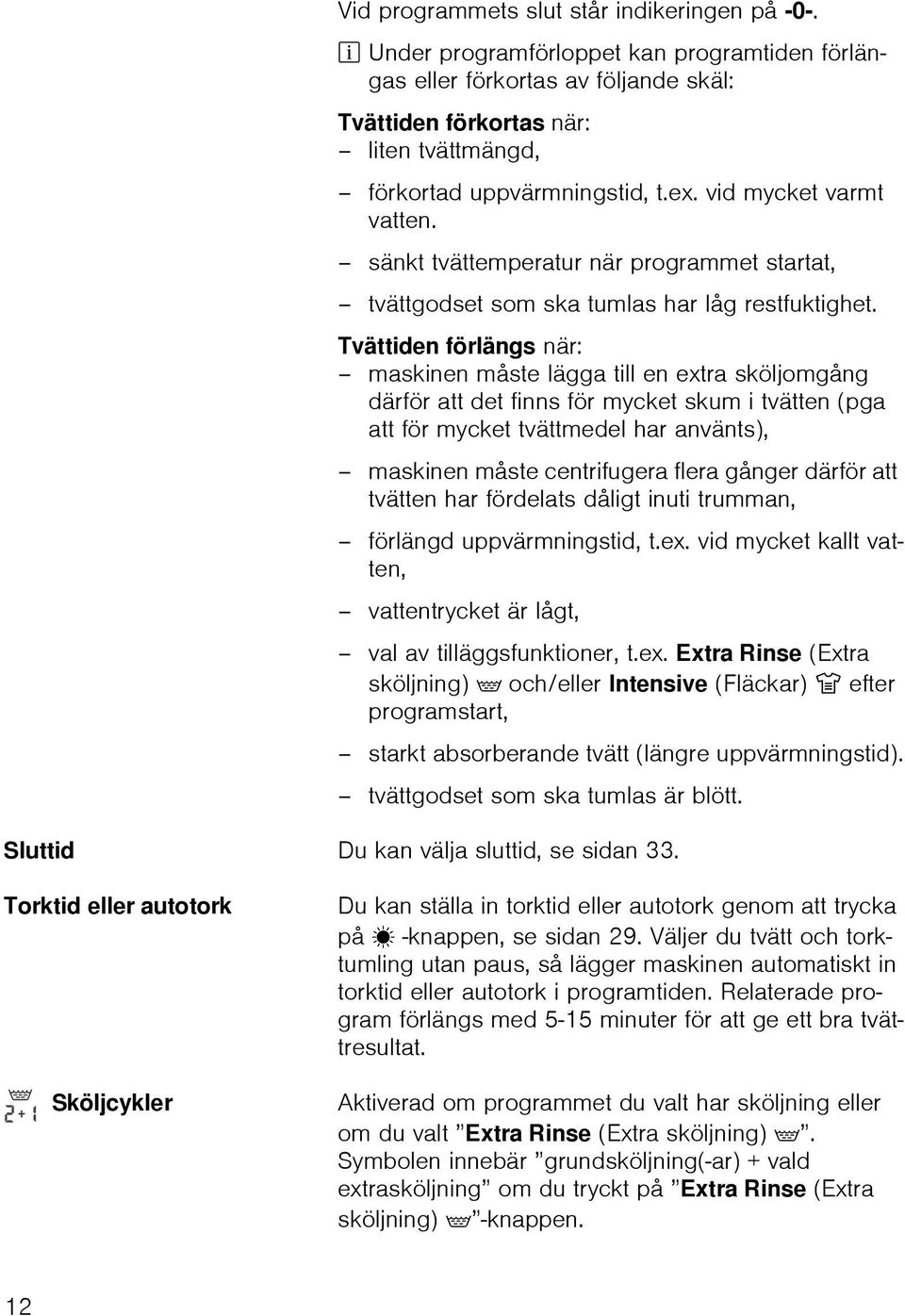 sänkt tvättemperatur när programmet startat, tvättgodset som ska tumlas har låg restfuktighet.