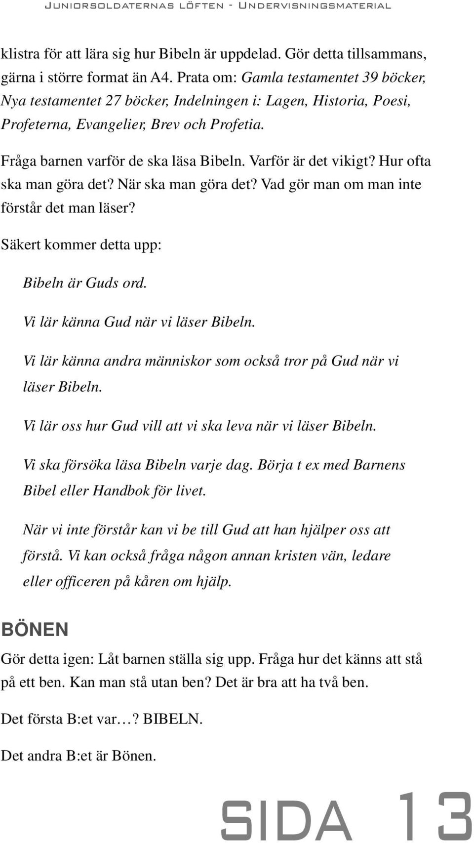 Varför är det vikigt? Hur ofta ska man göra det? När ska man göra det? Vad gör man om man inte förstår det man läser? Säkert kommer detta upp: Bibeln är Guds ord. Vi lär känna Gud när vi läser Bibeln.