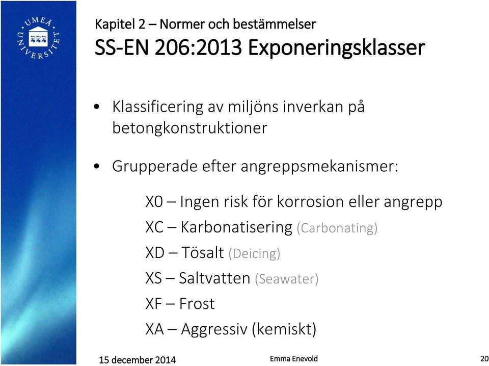 risk för korrosion eller angrepp XC Karbonatisering (Carbonating) XD Tösalt (Deicing)