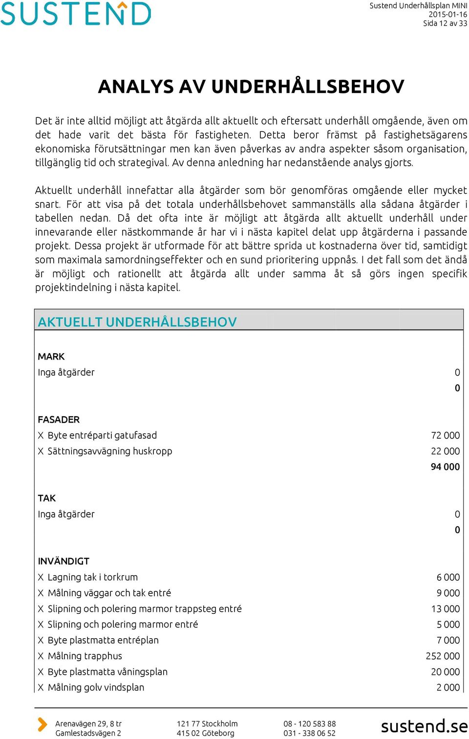 Av denna anledning har nedanstående analys gjorts. Aktuellt underhåll innefattar alla åtgärder som bör genomföras omgående eller mycket snart.