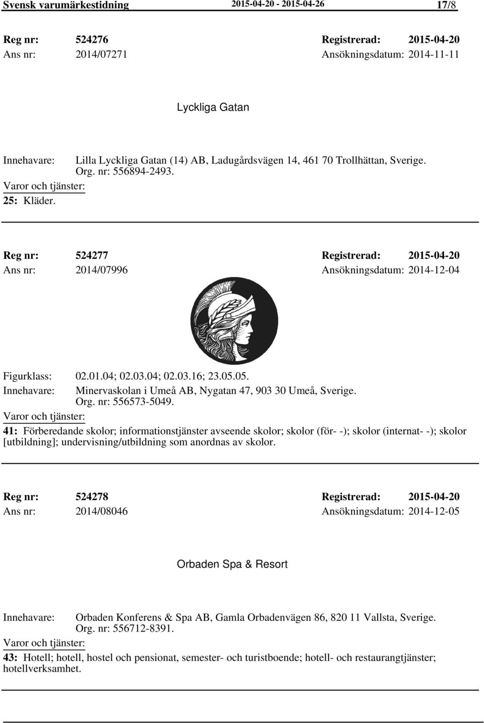 04; 02.03.16; 23.05.05. Innehavare: Minervaskolan i Umeå AB, Nygatan 47, 903 30 Umeå, Sverige. Org. nr: 556573-5049.