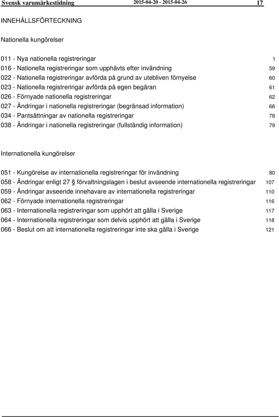 registreringar (begränsad information) 034 - Pantsättningar av nationella registreringar 038 - Ändringar i nationella registreringar (fullständig information) 1 59 60 61 62 66 78 79 Internationella