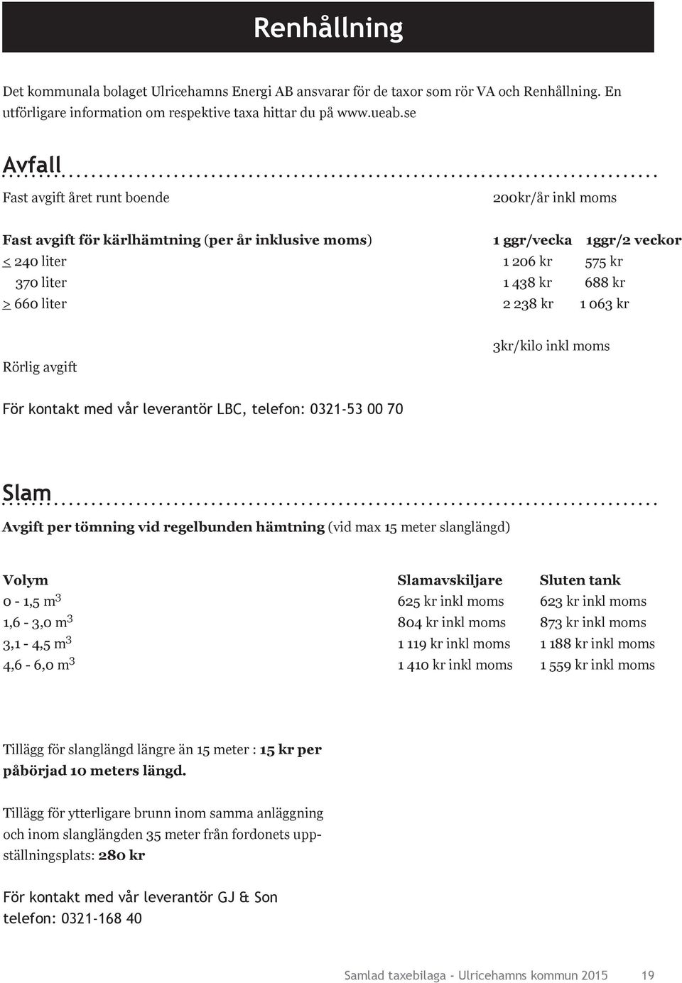 kr 2 238 kr 1 063 kr Rörlig avgift 3kr/kilo inkl moms För kontakt med vår leverantör LBC, telefon: 0321-53 00 70 Slam Avgift per tömning vid regelbunden hämtning (vid max 15 meter slanglängd) Volym