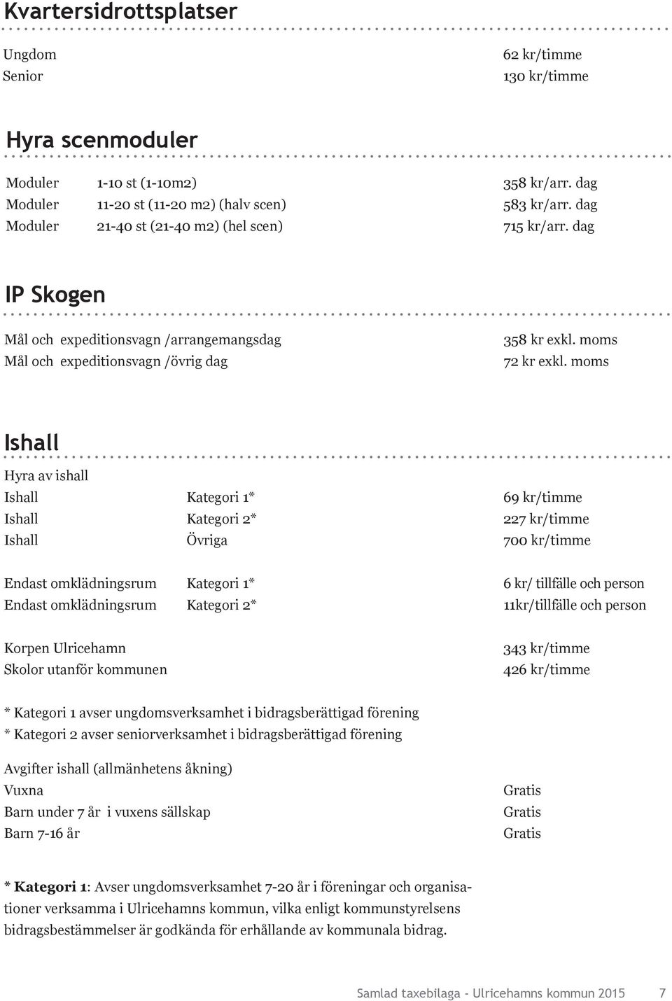 moms Ishall Hyra av ishall Ishall Kategori 1* Ishall Kategori 2* Ishall Övriga 69 kr/timme 227 kr/timme 700 kr/timme Endast omklädningsrum Kategori 1* Endast omklädningsrum Kategori 2* 6 kr/