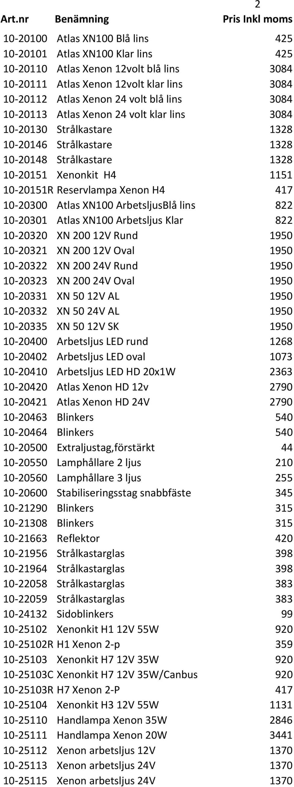 Atlas XN100 ArbetsljusBlå lins 822 10-20301 Atlas XN100 Arbetsljus Klar 822 10-20320 XN 20012V Rund 1950 10-20321 XN 20012V Oval 1950 10-20322 XN 20024V Rund 1950 10-20323 XN 20024V Oval 1950