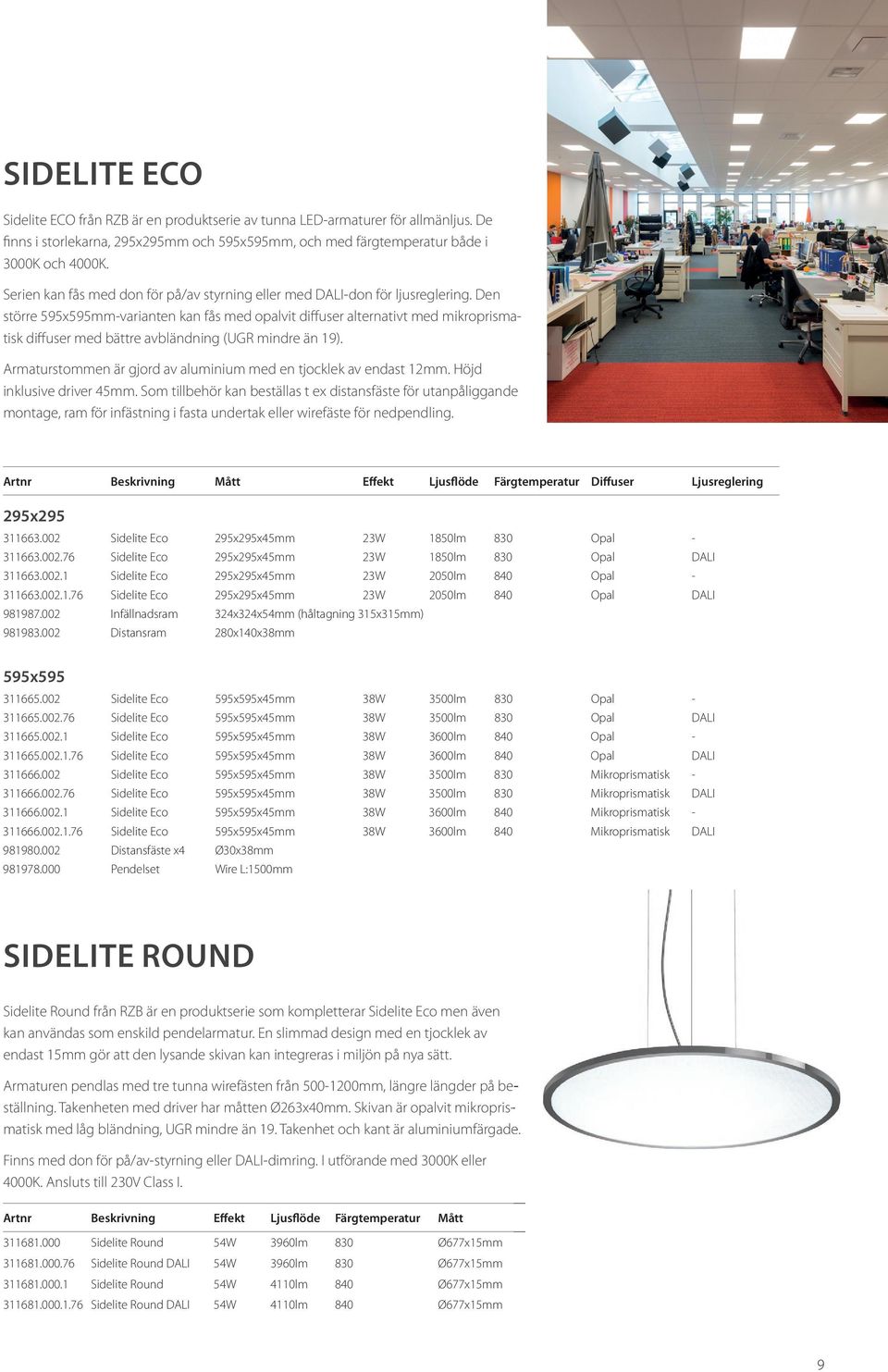 Den större 595x595mm-varianten kan fås med opalvit diffuser alternativt med mikroprismatisk diffuser med bättre avbländning (UGR mindre än 19).