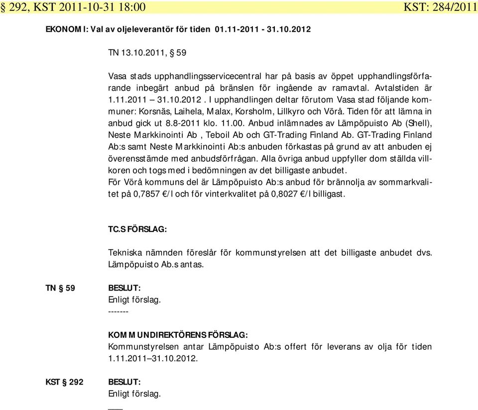 8-2011 klo. 11.00. Anbud inlämnades av Lämpöpuisto Ab (Shell), Neste Markkinointi Ab, Teboil Ab och GT-Trading Finland Ab.
