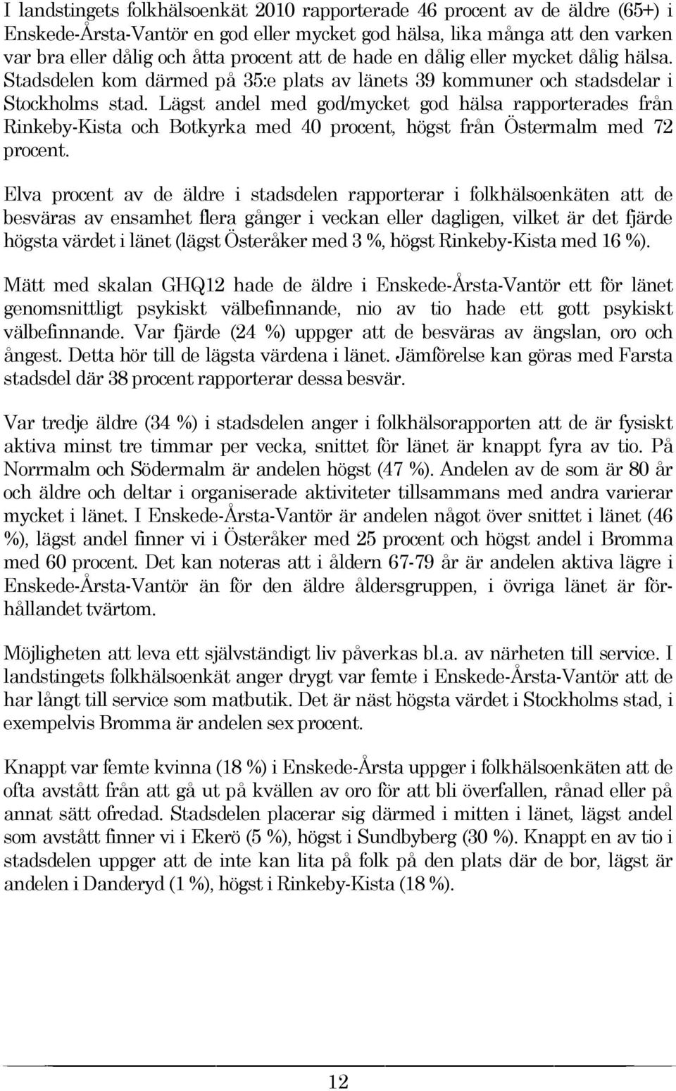 Lägst andel med god/mycket god hälsa rapporterades från Rinkeby-Kista och Botkyrka med 40 procent, högst från Östermalm med 72 procent.