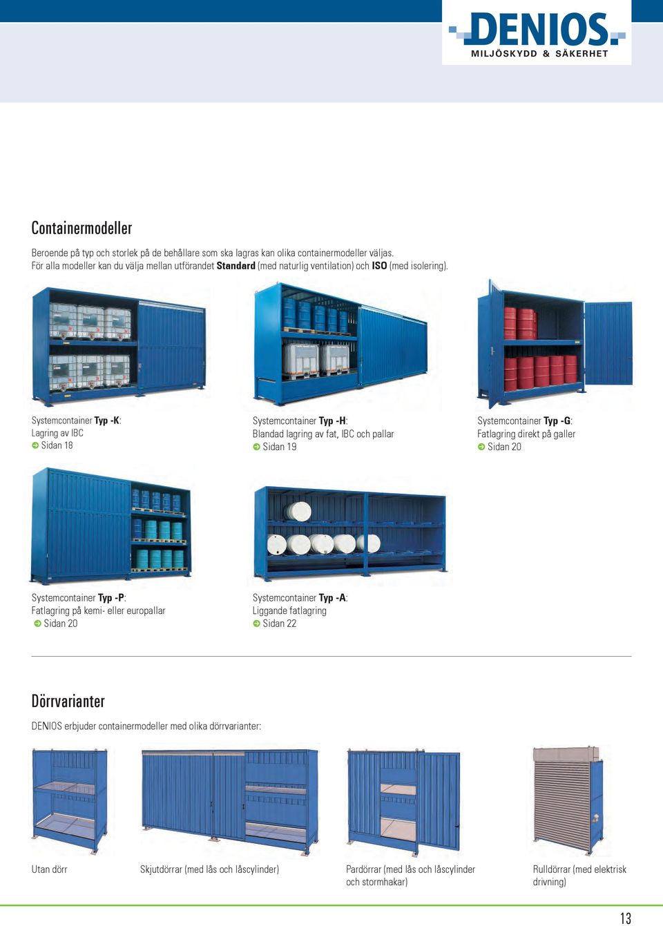 Systemcontainer Typ -K: Lagring av IBC l Sidan 18 Systemcontainer Typ -H: Blandad lagring av fat, IBC och pallar l Sidan 19 Systemcontainer Typ -G: Fatlagring direkt på galler l Sidan 20