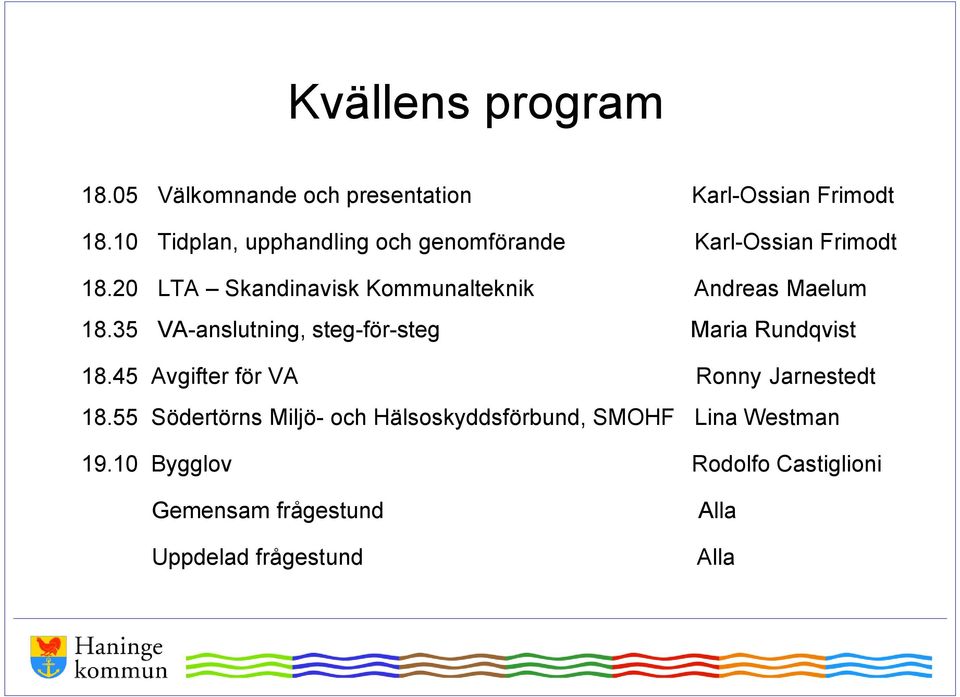 20 LTA Skandinavisk Kommunalteknik Andreas Maelum 18.35 VA-anslutning, steg-för-steg Maria Rundqvist 18.