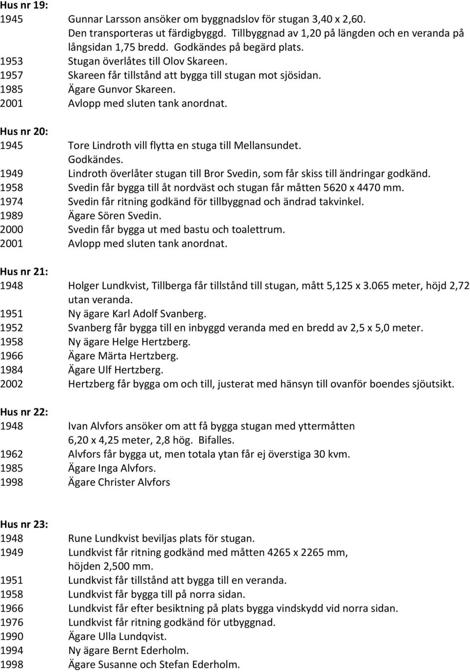 Hus nr 20: 1945 Tore Lindroth vill flytta en stuga till Mellansundet. Godkändes. 1949 Lindroth överlåter stugan till Bror Svedin, som får skiss till ändringar godkänd.