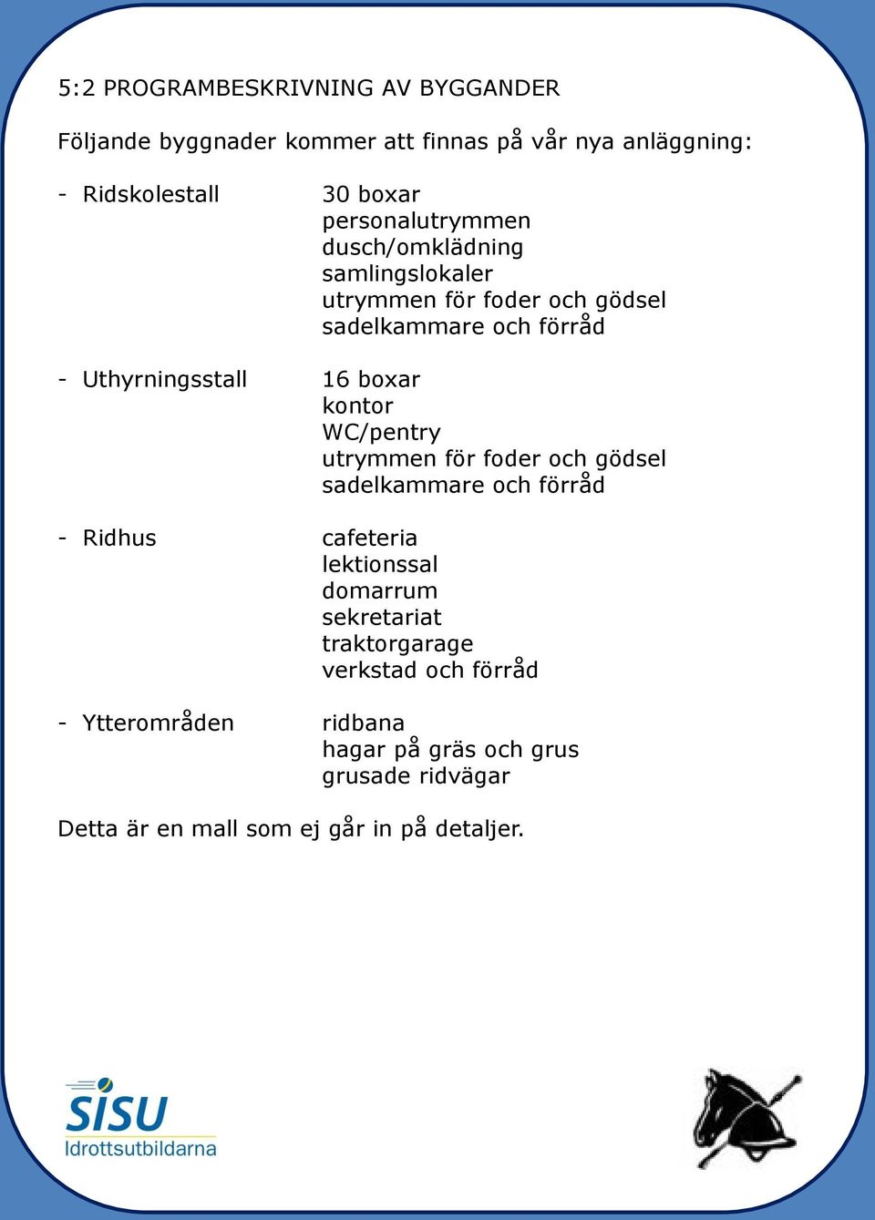 boxar kontor WC/pentry utrymmen för foder och gödsel sadelkammare och förråd - Ridhus cafeteria lektionssal domarrum sekretariat