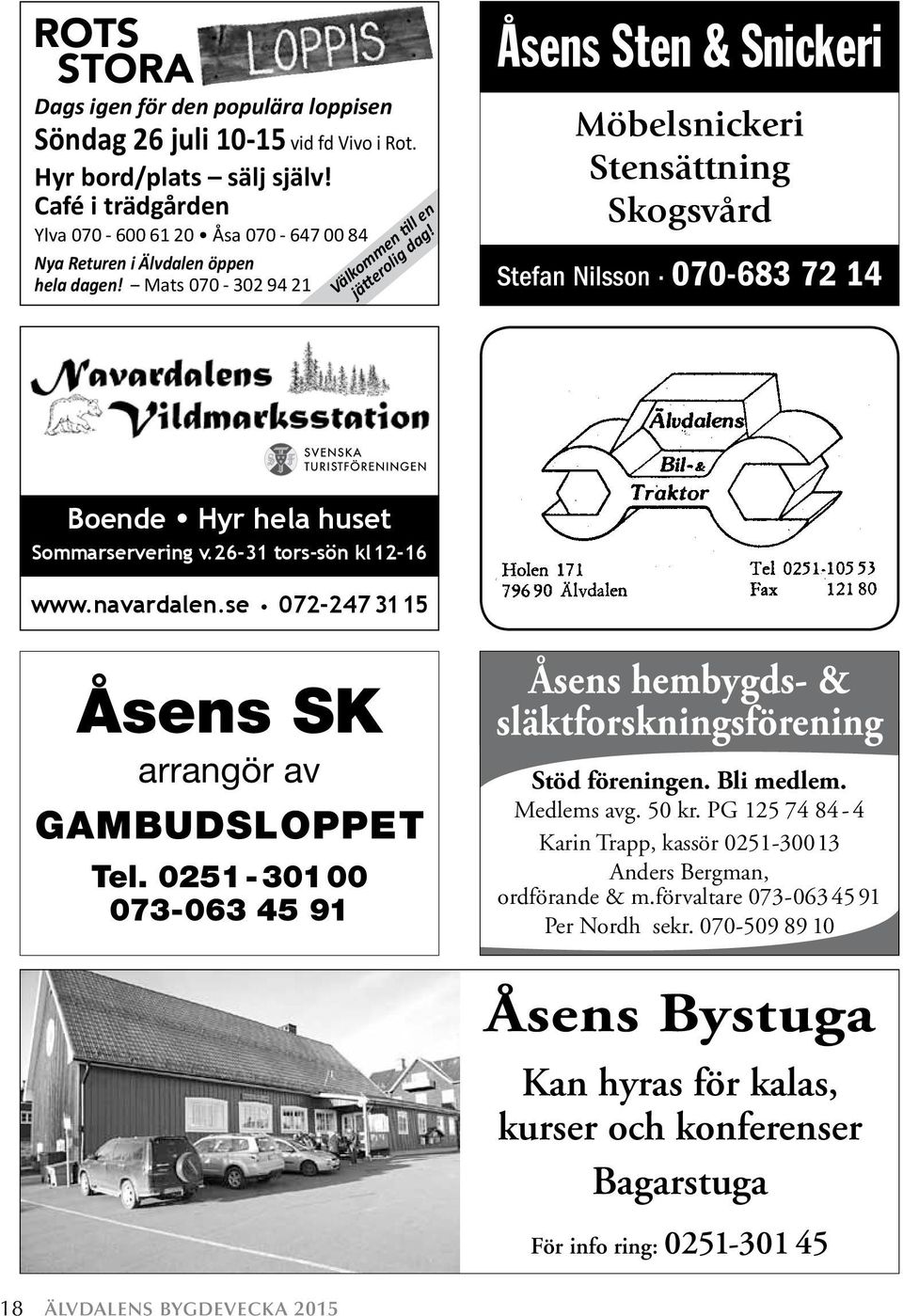 Åsens Sten & Snickeri Möbelsnickeri Stensättning Skogsvård Stefan Nilsson 070-683 72 14 Boende Hyr hela huset Sommarservering v.26-31 tors-sön kl12-16 www.navardalen.