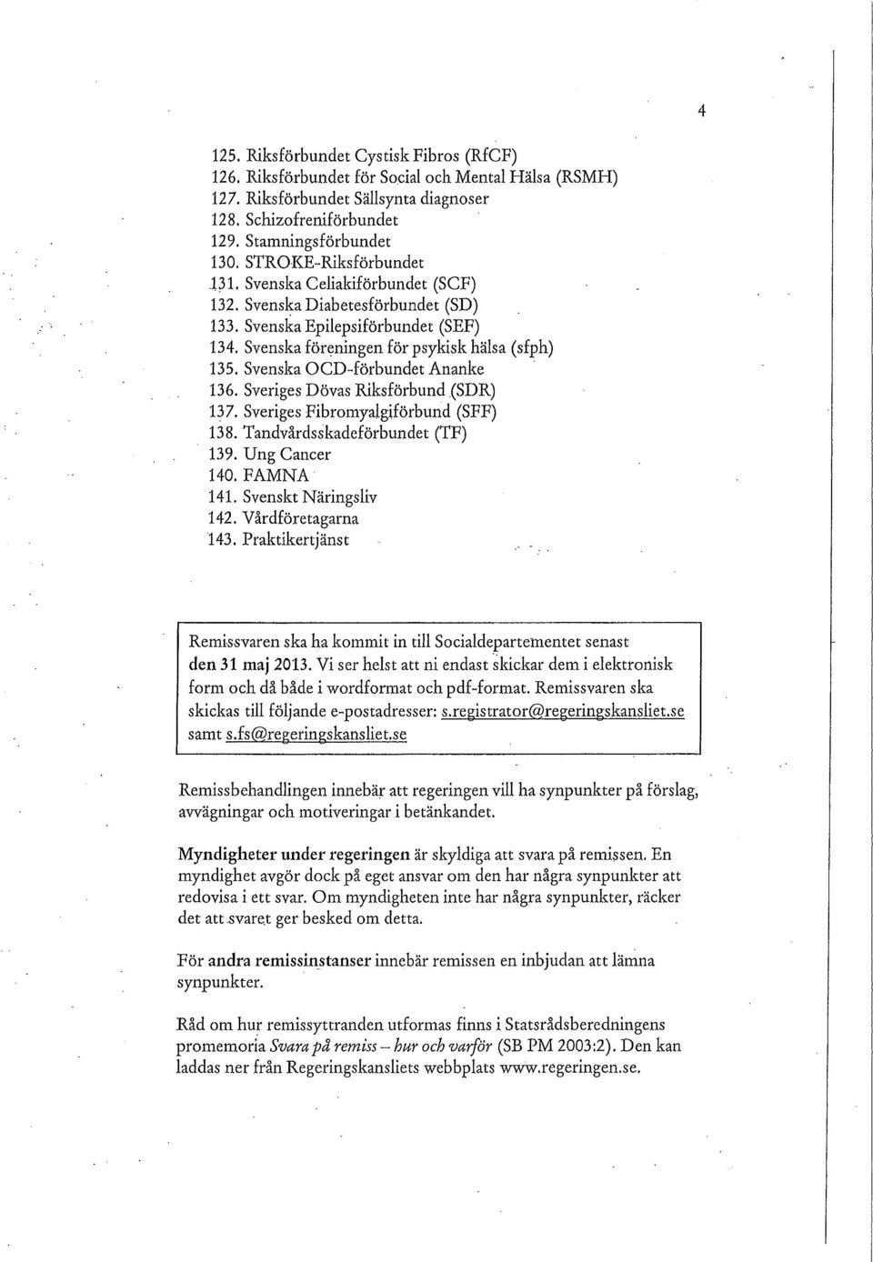 Svenska OCD-förbundet Ananke 136. Sveriges Dövas Riksförbund (SDR) 137. Sveriges Fibromyaigiförbund (SFF) 138. Tandvårdsskadeförbundet (TF) 139. Ung Cancer 140. FAMNA 141. Svenskt Näringsliv 142.