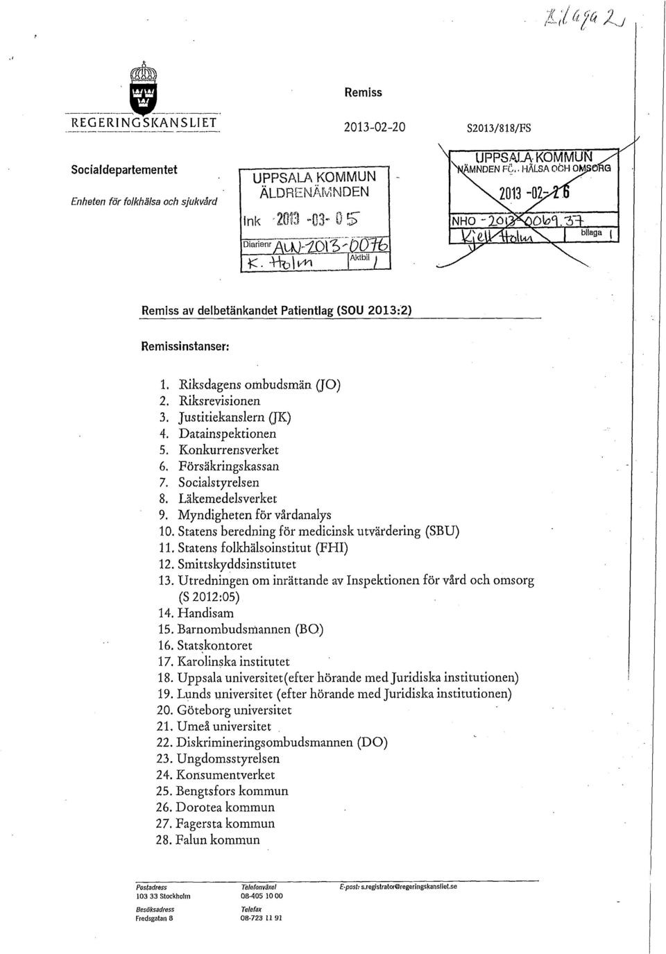 Datainspektionen 5. Konkurrensverket 6. Försäkringskassan 7. Socialstyrelsen 8. Läkemedelsverket 9. Myndigheten för vårdanalys 10. Statens beredning för medicinsk utvärdering (SBU) 11.