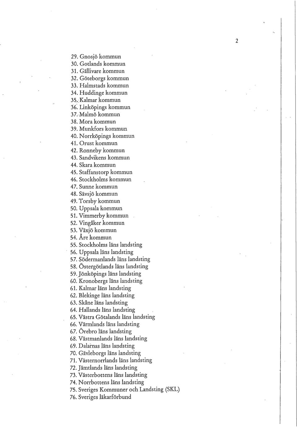 Torsby kommun 50. Uppsala kommun 51. Vimmerby kommun 52. Vingåker kommun 53. Växjö kommun 54. Are kommun 55. Stockholms läns landsting 56. Uppsala läns landsting 57. Södermanlands läns landsting 58.