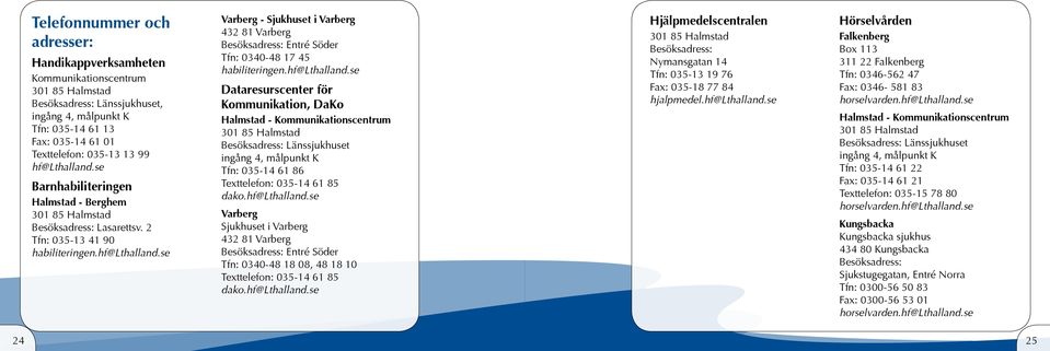 hf@lthalland.se Dataresurscenter för Kommunikation, DaKo Halmstad - Kommunikationscentrum Länssjukhuset ingång 4, målpunkt K Tfn: 035-14 61 86 Texttelefon: 035-14 61 85 dako.hf@lthalland.se Varberg Sjukhuset i Varberg 432 81 Varberg Entré Söder Tfn: 0340-48 18 08, 48 18 10 Texttelefon: 035-14 61 85 dako.