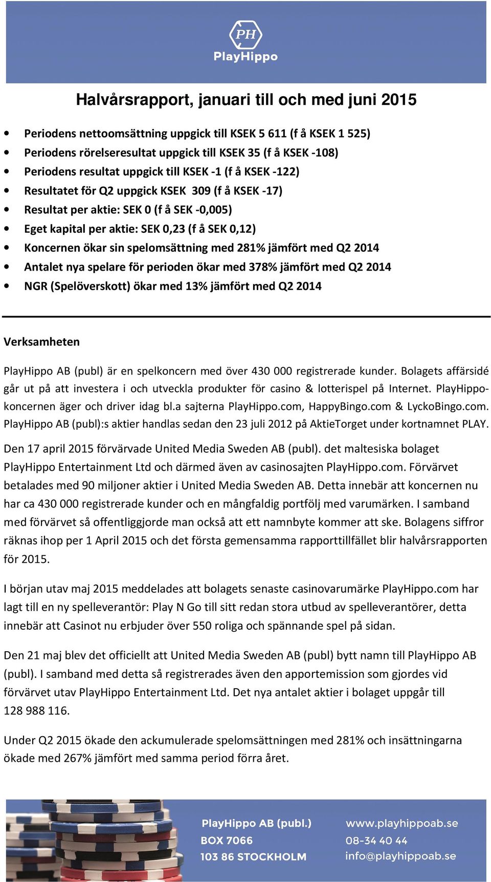 spelomsättning med 281% jämfört med Q2 2014 Antalet nya spelare för perioden ökar med 378% jämfört med Q2 2014 NGR (Spelöverskott) ökar med 13% jämfört med Q2 2014 Verksamheten PlayHippo AB (publ) är