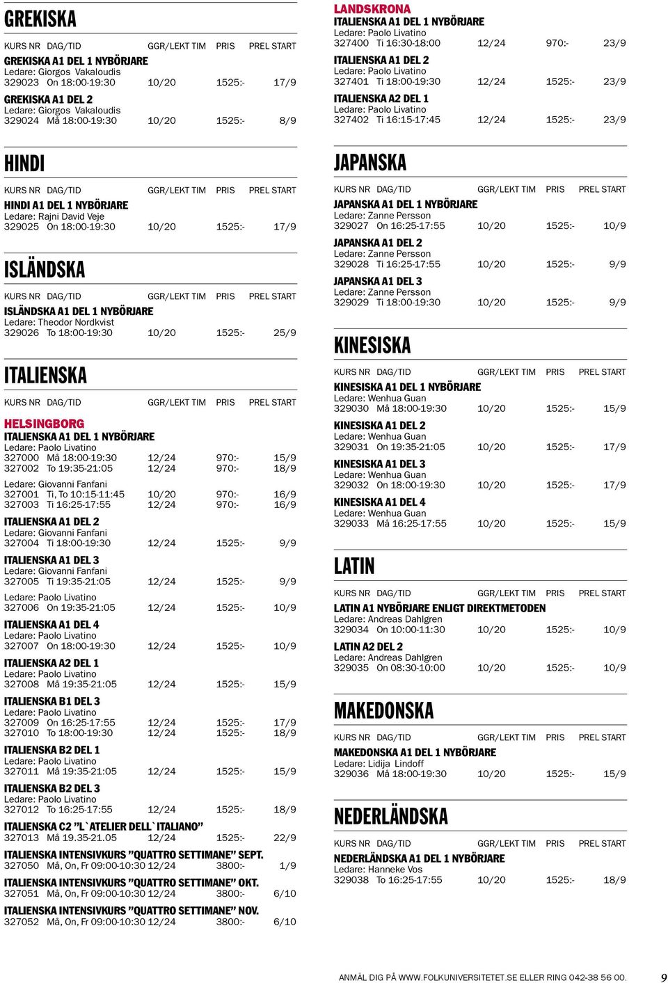 ITALIENSKA A1 DEL 1 NYBÖRJARE 327000 Må 18:00-19:30 12/24 970:- 15/9 327002 To 19:35-21:05 12/24 970:- 18/9 Ledare: Giovanni Fanfani 327001 Ti, To 10:15-11:45 10/20 970:- 16/9 327003 Ti 16:25-17:55