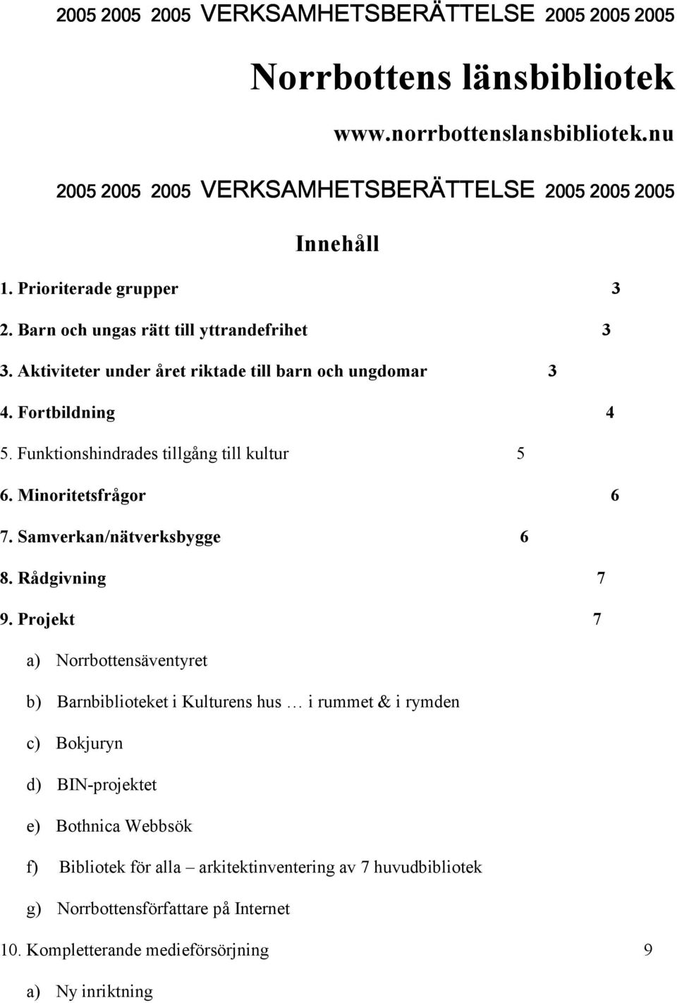 Aktiviteter under året riktade till barn och ungdomar 3 4. Fortbildning 4 5. Funktionshindrades tillgång till kultur 5 6. Minoritetsfrågor 6 7. Samverkan/nätverksbygge 6 8. Rådgivning 7 9.