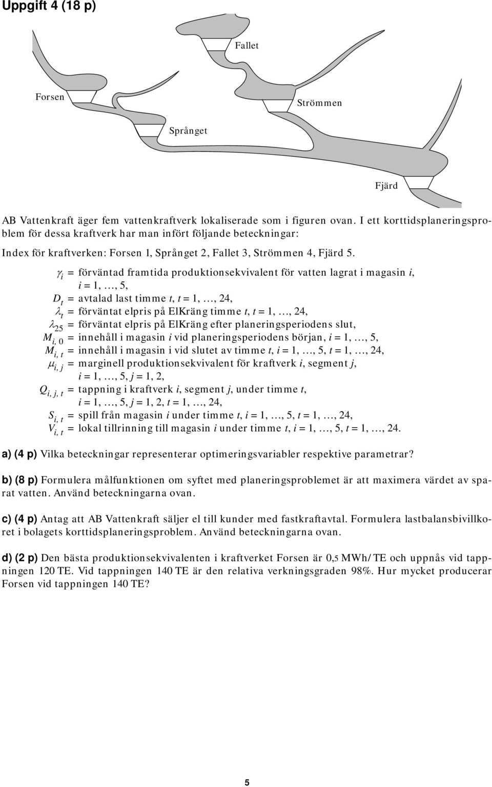 i = förväntad framtida produktionsekvivalent för vatten lagrat i magasin i, i =,, 5, D t = avtalad last timme t, t =,, 24, t = förväntat elpris på ElKräng timme t, t =,, 24, 25 = förväntat elpris på