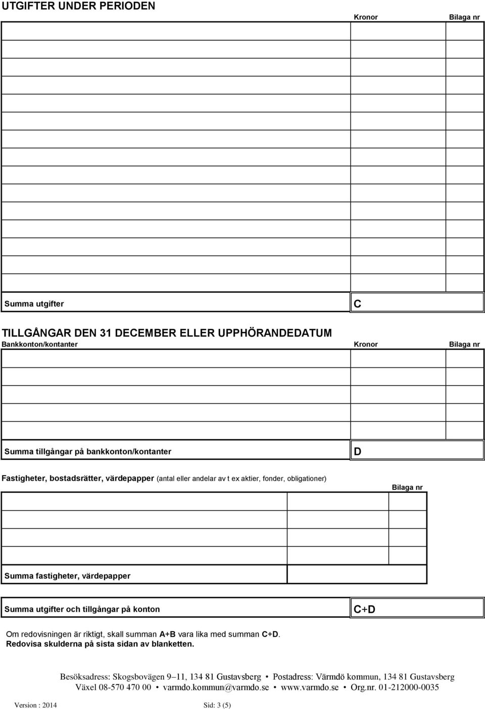 fonder, obligationer) Summa fastigheter, värdepapper Summa utgifter och tillgångar på konton C+D Om redovisningen är