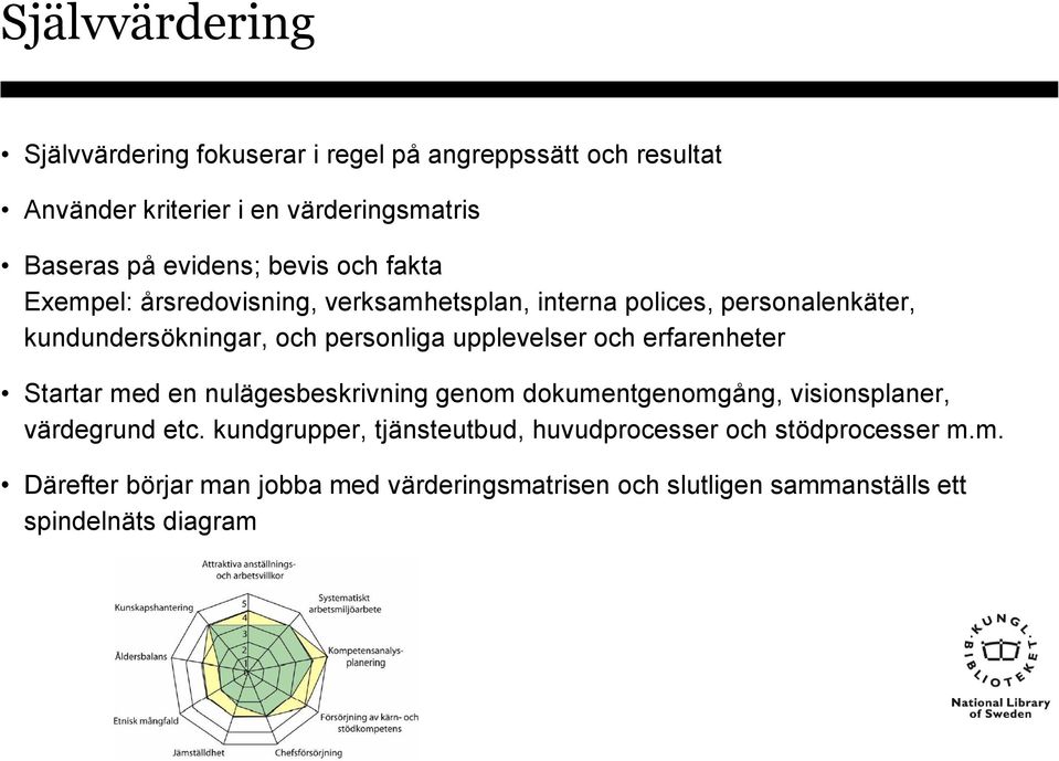 upplevelser och erfarenheter Startar med en nulägesbeskrivning genom dokumentgenomgång, visionsplaner, värdegrund etc.