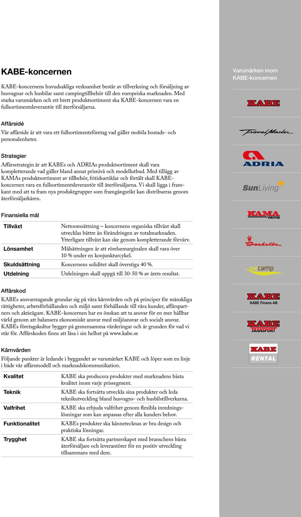 Varumärken inom KABE-koncernen Affärsidé Vår affärside är att vara ett fullsortimentsföretag vad gäller mobila bostads- och personalenheter.
