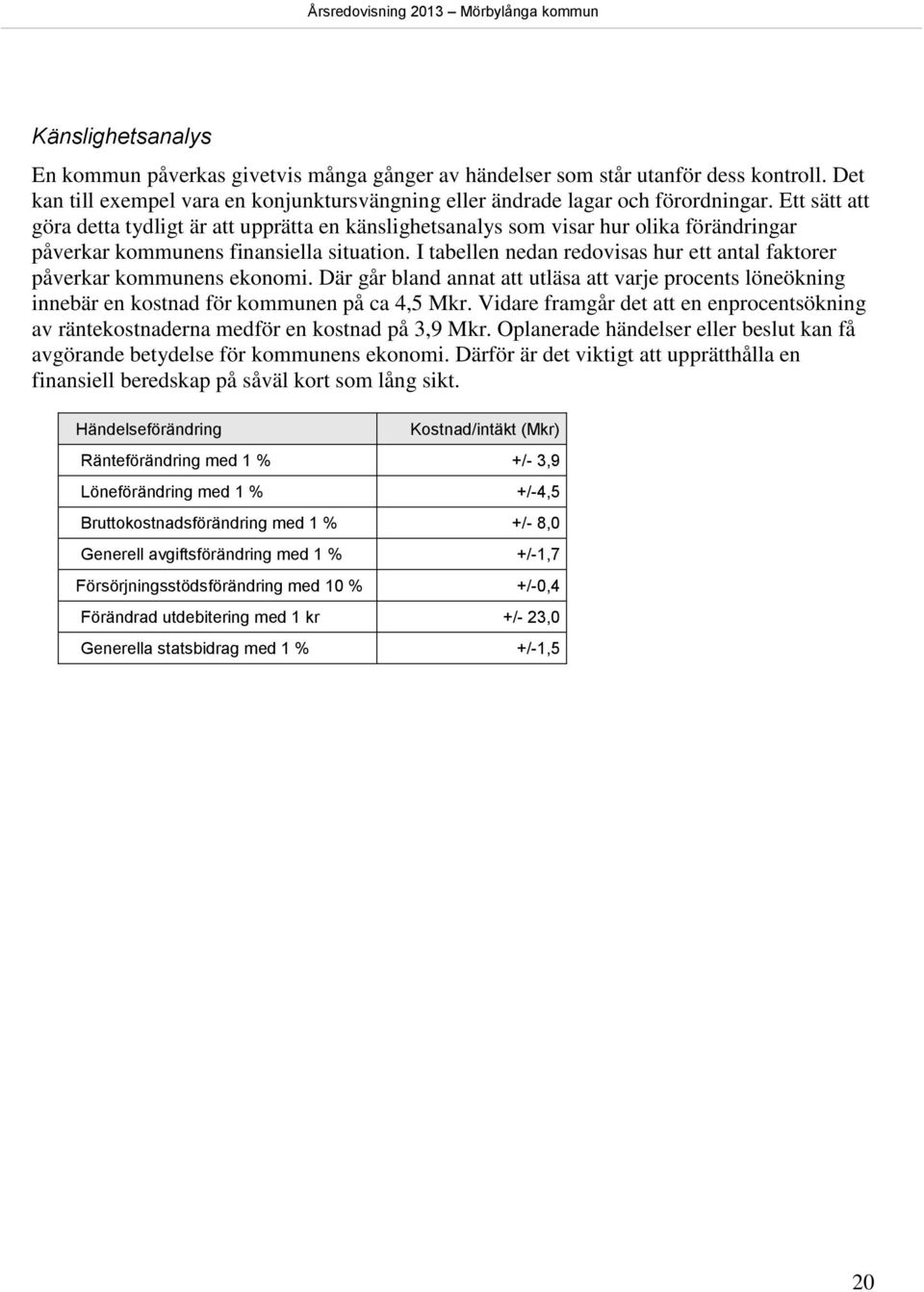 I tabellen nedan redovisas hur ett antal faktorer påverkar kommunens ekonomi. Där går bland annat att utläsa att varje procents löneökning innebär en kostnad för kommunen på ca 4,5 Mkr.