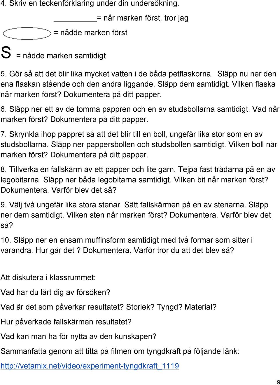 Släpp ner ett av de tomma pappren och en av studsbollarna samtidigt. Vad når marken först? Dokumentera på ditt papper. 7.