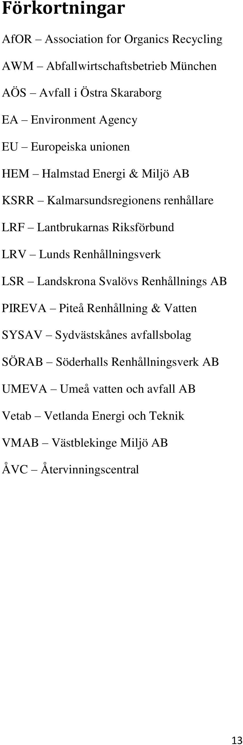 Renhållningsverk LSR Landskrona Svalövs Renhållnings AB PIREVA Piteå Renhållning & Vatten SYSAV Sydvästskånes avfallsbolag SÖRAB