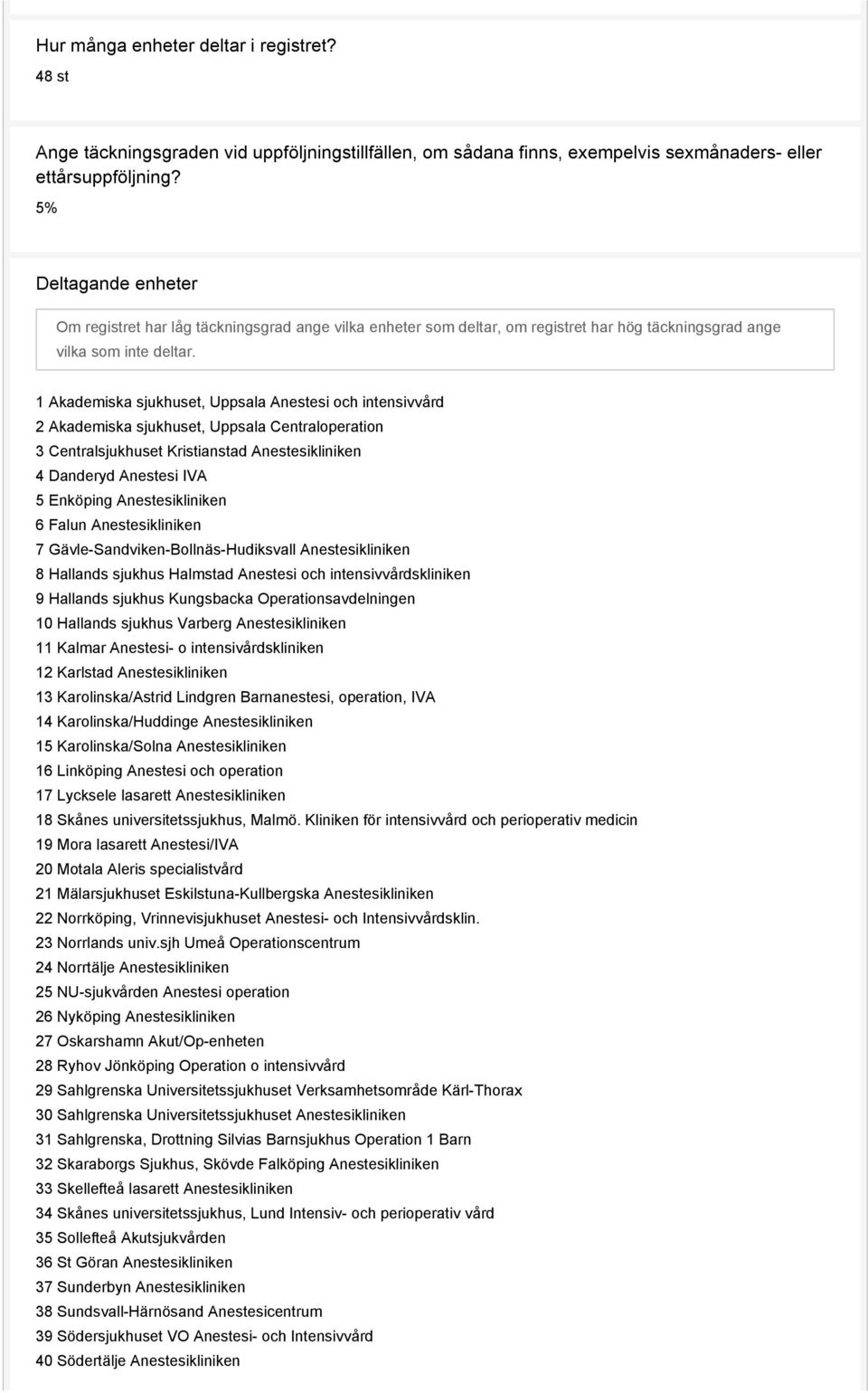 1 Akademiska sjukhuset, Uppsala Anestesi och intensivvård 2 Akademiska sjukhuset, Uppsala Centraloperation 3 Centralsjukhuset Kristianstad Anestesikliniken 4 Danderyd Anestesi IVA 5 Enköping