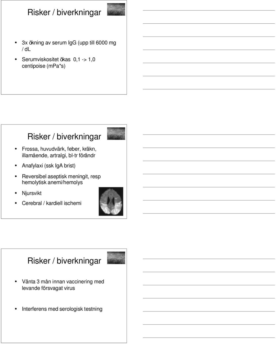 (ssk IgA brist) Reversibel aseptisk meningit, resp hemolytisk anemi/hemolys Njursvikt Cerebral / kardiell