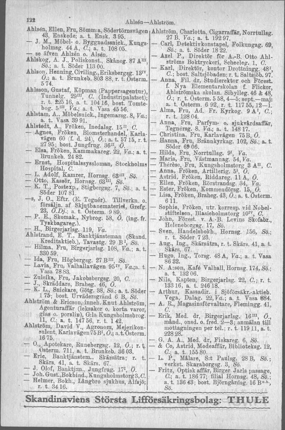 , Poliskonst., Skåneg. 87 AIII, ströms Boktryckeri, Scheeleg, l, C. So.; a. t. Söder 11300. - Karl, Direktör, kontor Drottningg, 481, LAhlson, Henning,Civiling.,Eriksberg~g. 13 1v, C.; bost.