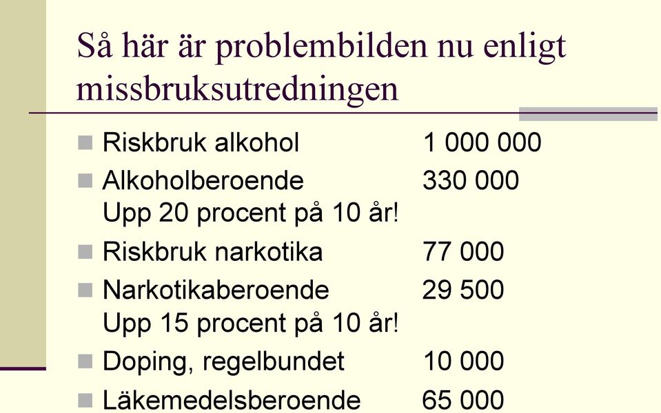 n Riskbruk narkotika 77 000 n Narkotikaberoende 29 500 Upp 15