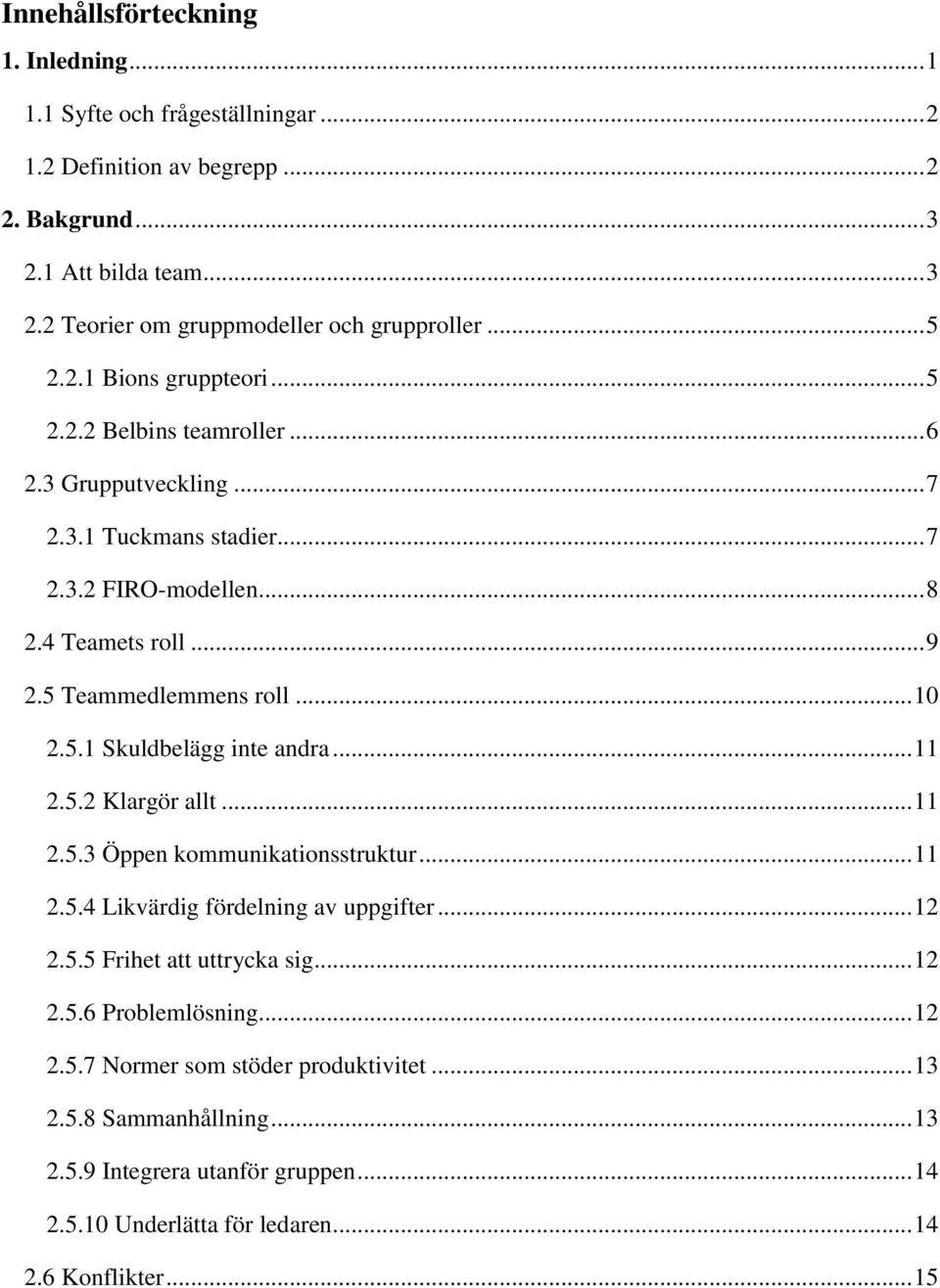 .. 10 2.5.1 Skuldbelägg inte andra... 11 2.5.2 Klargör allt... 11 2.5.3 Öppen kommunikationsstruktur... 11 2.5.4 Likvärdig fördelning av uppgifter... 12 2.5.5 Frihet att uttrycka sig... 12 2.5.6 Problemlösning.