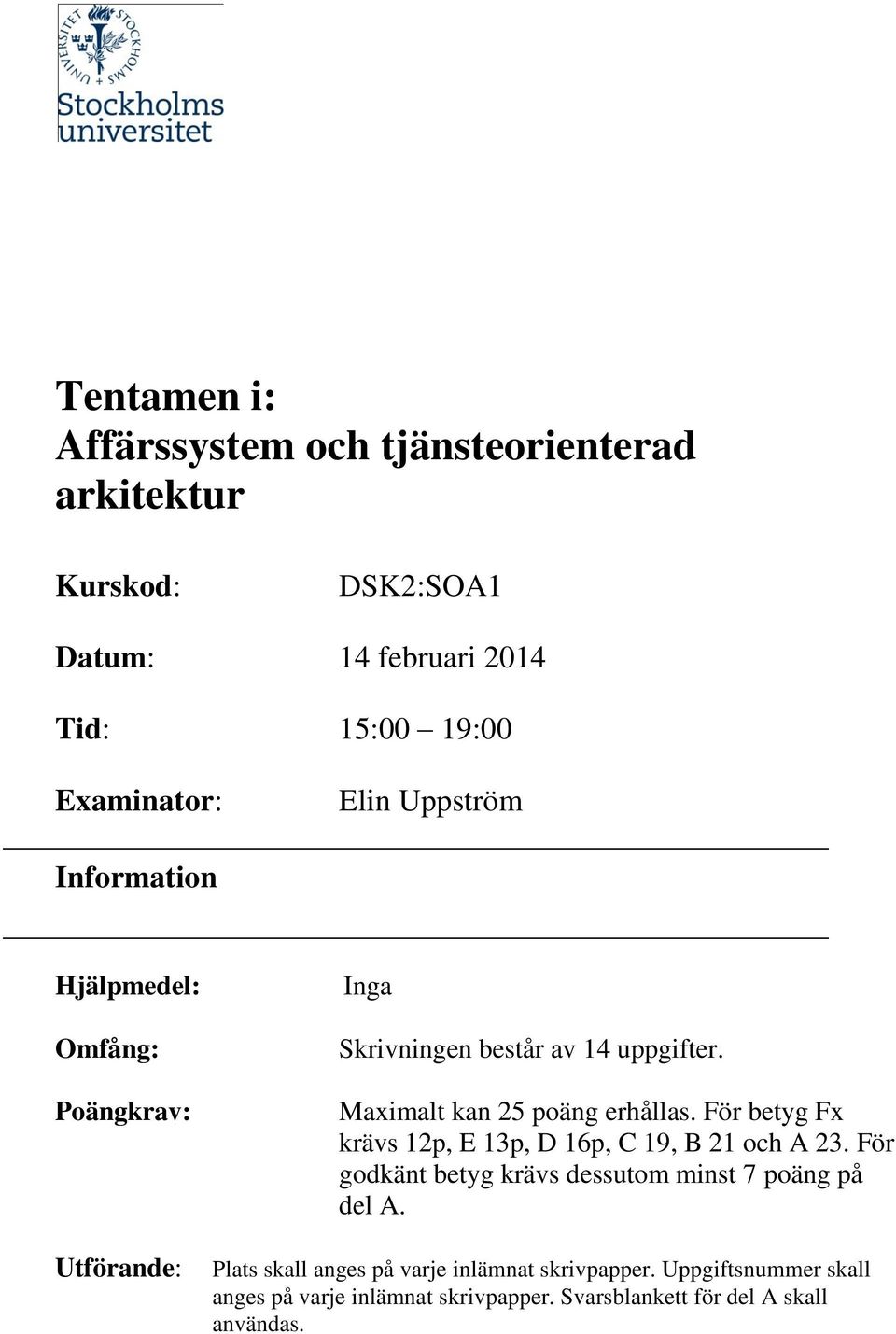 Maximalt kan 25 poäng erhållas. För betyg Fx krävs 12p, E 13p, D 16p, C 19, B 21 och A 23.