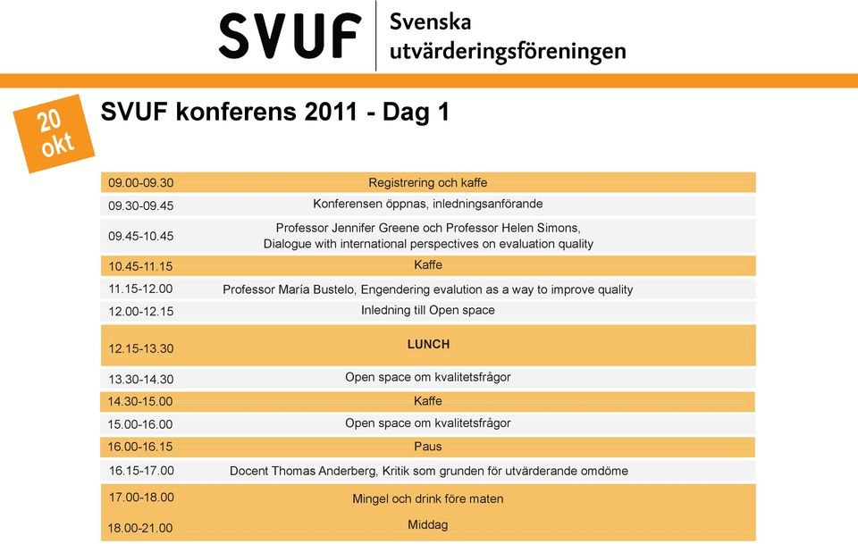 evaluation quality 10.45-11.15 Kaffe Professor María Bustelo, Engendering evalution as a way to improve quality Inledning till Open space 12.15-13.30 LUNCH 13.30-14.