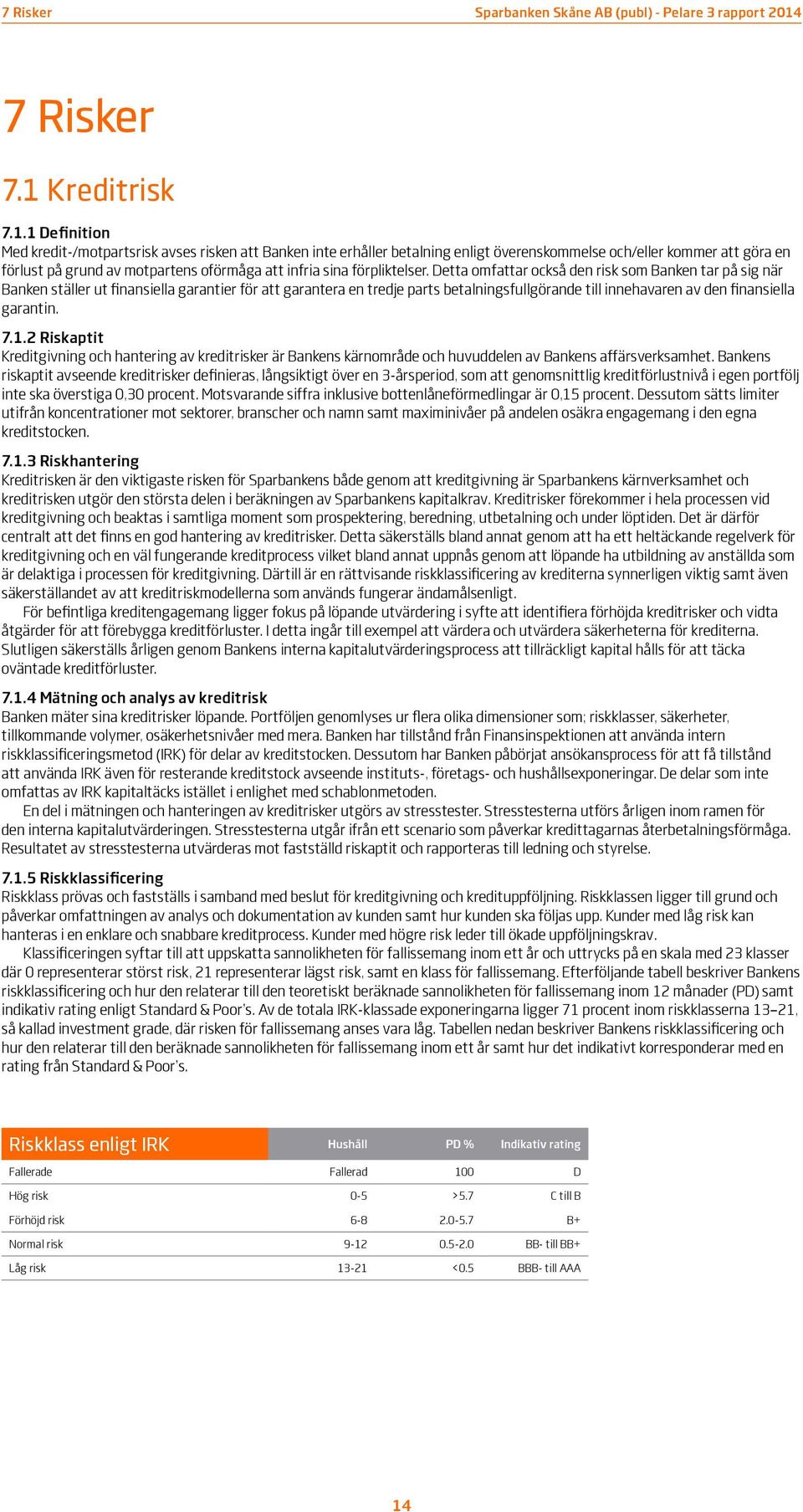 1 Definition Med kredit-/motpartsrisk avses risken att Banken inte erhåller betalning enligt överenskommelse och/eller kommer att göra en förlust på grund av motpartens oförmåga att infria sina