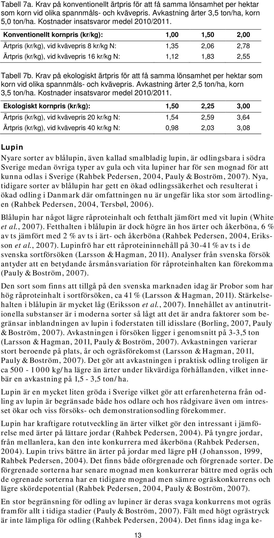 Konventionellt kornpris (kr/kg): 1,00 1,50 2,00 Ärtpris (kr/kg), vid kvävepris 8 kr/kg N: 1,35 2,06 2,78 Ärtpris (kr/kg), vid kvävepris 16 kr/kg N: 1,12 1,83 2,55 Tabell 7b.