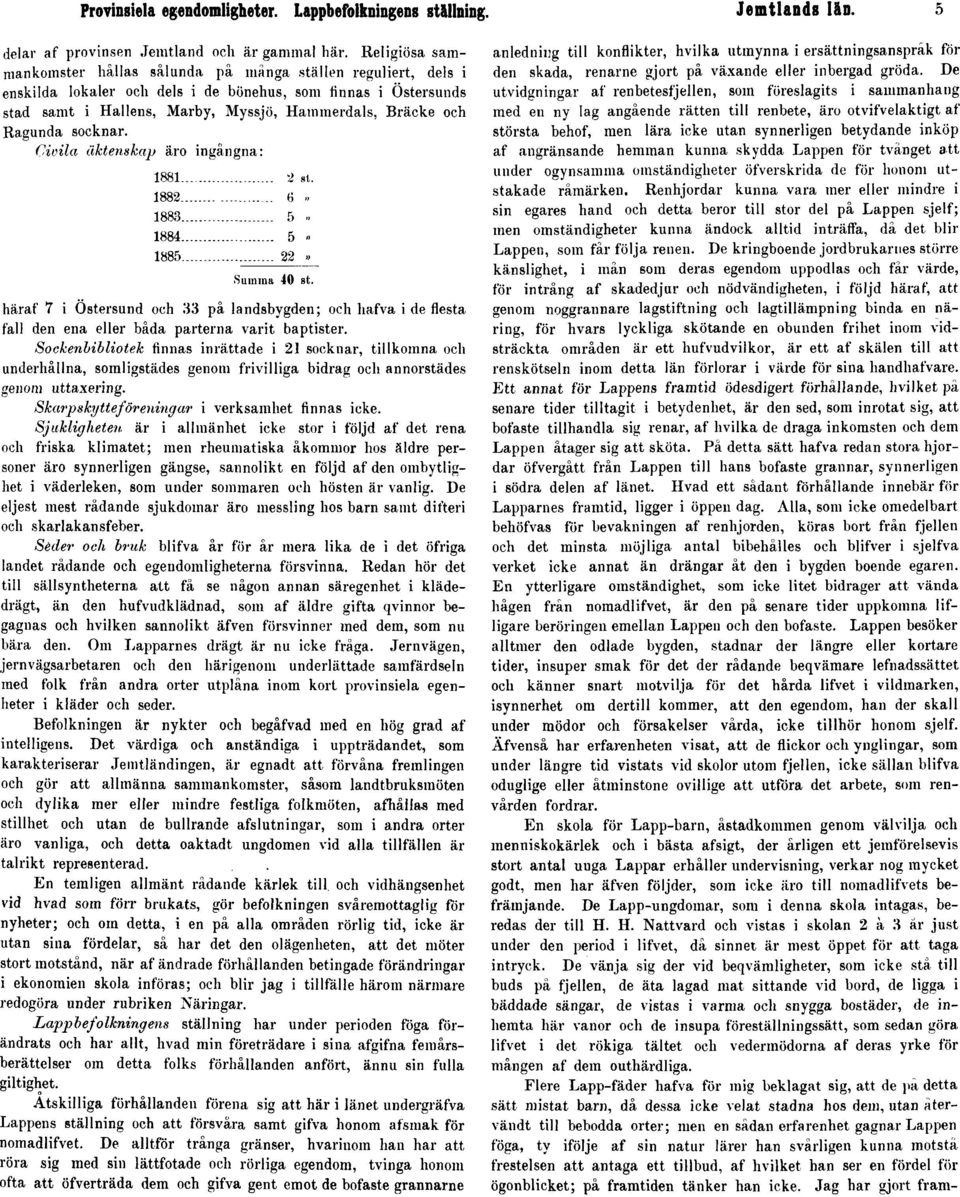 Ragunda socknar. Civila äktenskap äro ingångna: 1881... 2 s. 1882, 1883 5 1884 5» 1885 22.Summa 40 st.