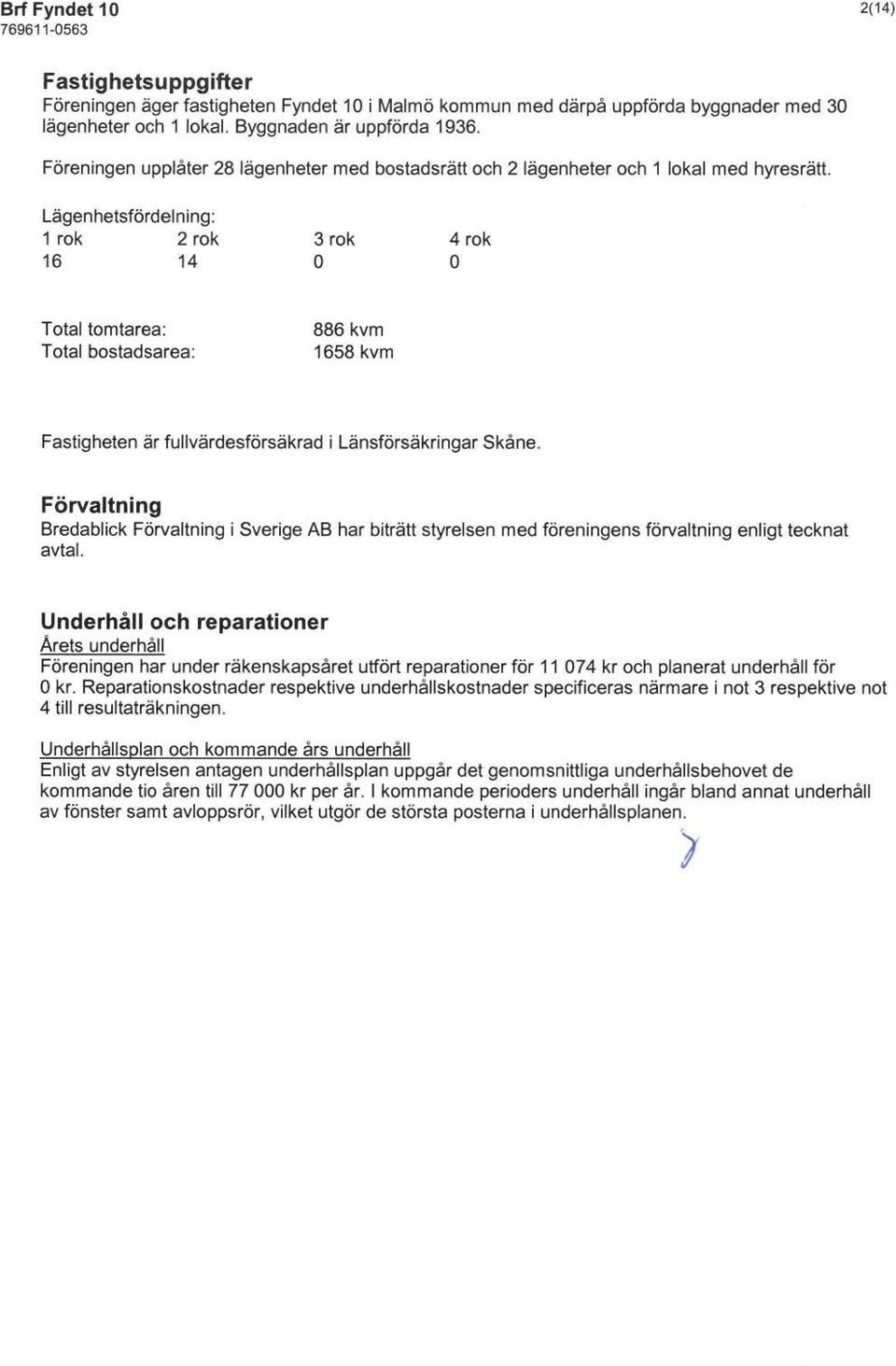 Lägenhetsfördelning: 1 rök 2 rök 16 14 3 rök o 4 rök o Total tomtarea: Total bostadsarea: 886 kvm 1658kvm Fastigheten är fullvärdesförsäkrad i Länsförsäkringar Skåne.