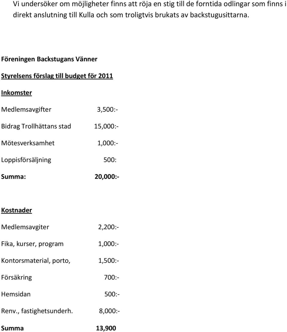 Föreningen Backstugans Vänner Styrelsens förslag till budget för 2011 Inkomster Medlemsavgifter 3,500:- Bidrag Trollhättans stad