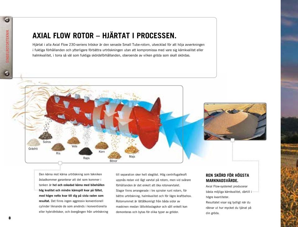 med vare sig kärnkvalitet eller halmkvalitet, i torra så väl som fuktiga skördeförhållanden, oberoende av vilken gröda som skall skördas.