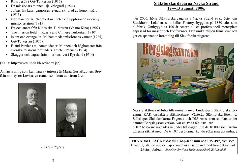 Ost-Turkestan (1925) Bland Persiens muhammedaner: Minnen och hågkomster från svenska missionsförbundets arbete i Persien (1914) Skuggor och dagrar från missionslivet i Ryssland (1914)